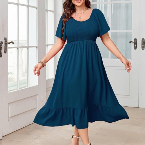 Women's Plus Size Summer Dress Floral Boho Maxi Short Sleeve Ruffle - Picture 4 of 7